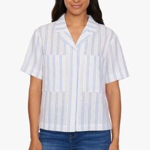 NWT Buffalo David Bitton Linen Blend Short Sleeve Large White w/ Blue Stripes L